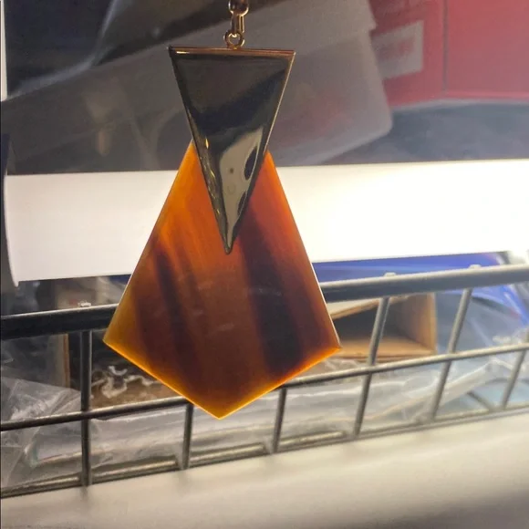 Gold Triangle Top Brown Geometric Drop Earrings - Women Jewelry 3 inch - Picture 6 of 6